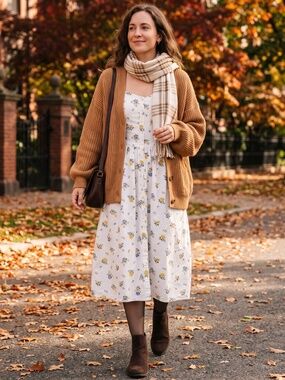 Levis Women Floral Button Front Midi Dress Ivory Pockets Modest Clean Girl Fall